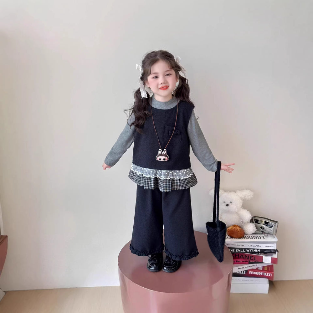 【dropshipping】spring  new girls' outfit set: baby lace-trimmed skirt, tank top, and long pants three-piece set