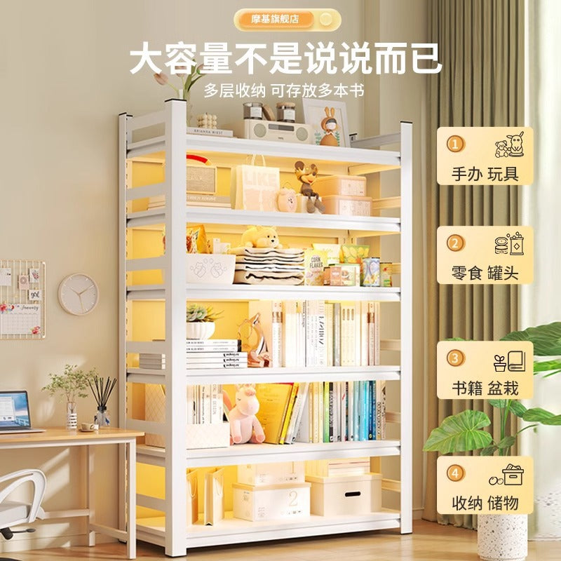 Multi-tier floor storage rack, steel bookshelf for home, living room, bedroom, kids' picture book organizer, simple iron art bookcase