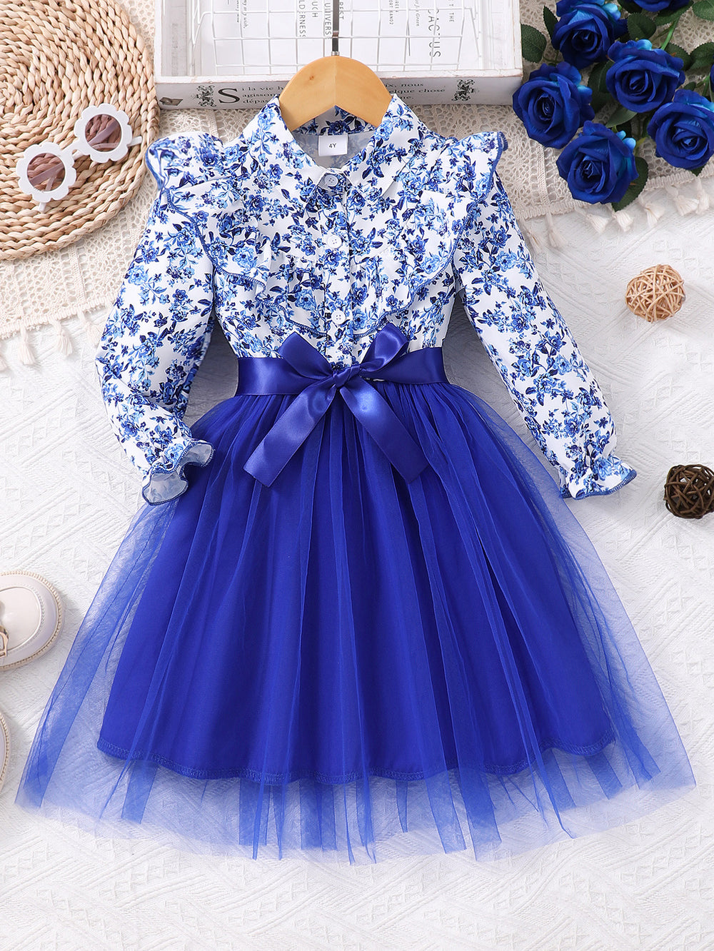 New girls' long-sleeve floral print mesh dress with turn-down collar and woven belt (available in toddler, little girl, and big girl sizes)
