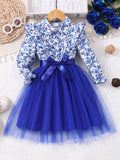New girls' long-sleeve floral print mesh dress with turn-down collar and woven belt (available in toddler, little girl, and big girl sizes)