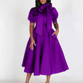 fashion  spring and summer elegant puff sleeves pure color sense of design waist tie back long skirt exportdress