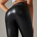 Clearance european and american sexy pu leather pants plus size tummy control leggings sports with pockets skinny pants brushed style bottom pants