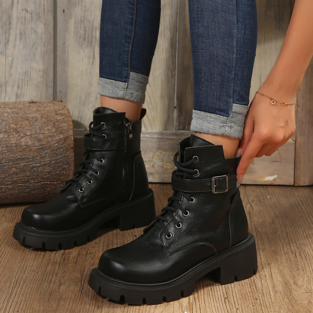 Thick sole round toe boots women's belt buckle thin velvet short boots fall and winternew arrival side zipperexportplus size leather boots