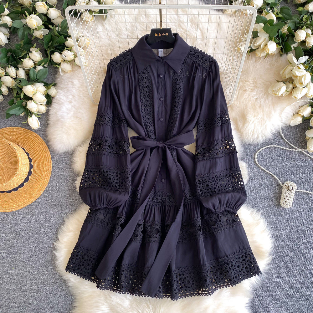 French court style lace embroidered hollow-out dress - women's spring long sleeve turn-down collar tie-waist a-line slimming dress