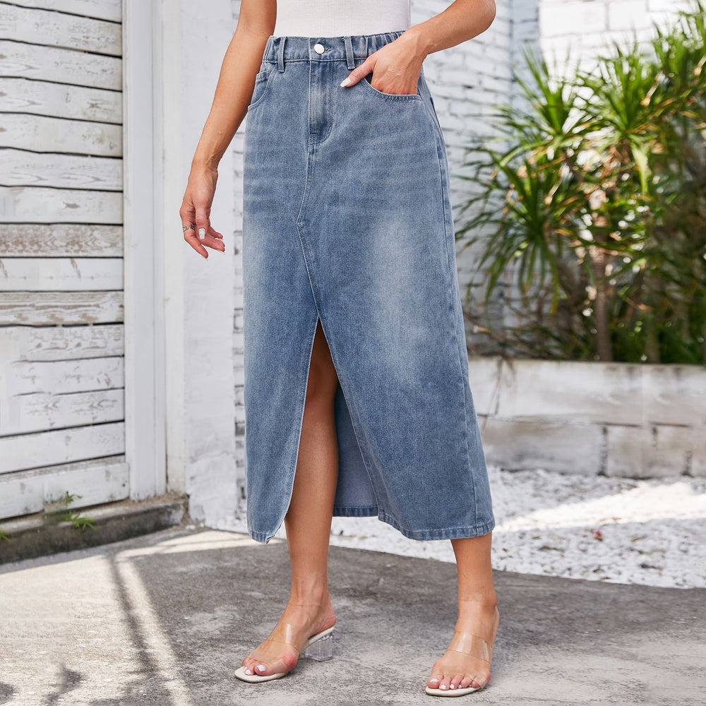 European and american cross-border women's fashion:  spring new arrivals -  independent store, washed denim midi skirt with elastic waist and slit