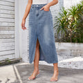 European and american cross-border women's fashion:  spring new arrivals -  independent store, washed denim midi skirt with elastic waist and slit