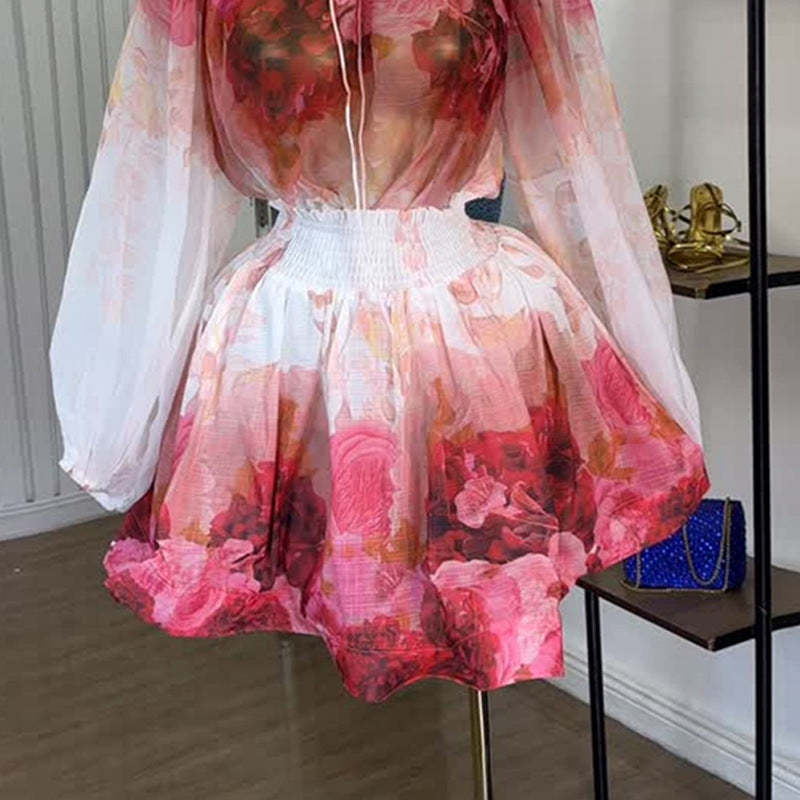 European and american cross-border women's fashion  autumn new collection: elegant oil painting floral print puff sleeve blouse and high-waisted midi skirt set