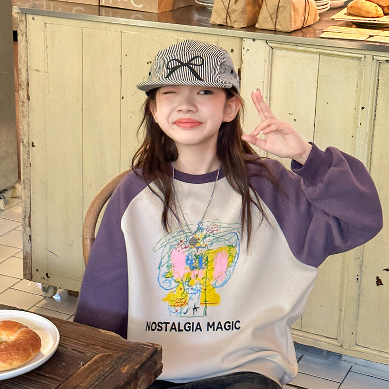 Girls' stylish t-shirt top - autumn collection, cartoon sleeve, loose fit, long sleeve,  new arrival, mid-to-large size, color block base layer, trendy