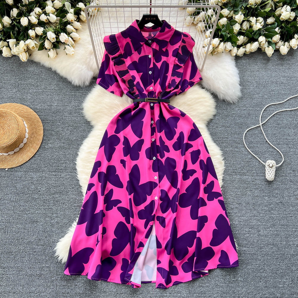 Sophisticated niche women's dress -  summer new arrival: designer ruffle-trimmed, cinched-waist, printed elegant maxi dress