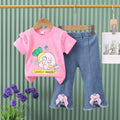 Girls' denim two-piece set: butterfly appliqué jeans & cute bunny top - new summer  collection