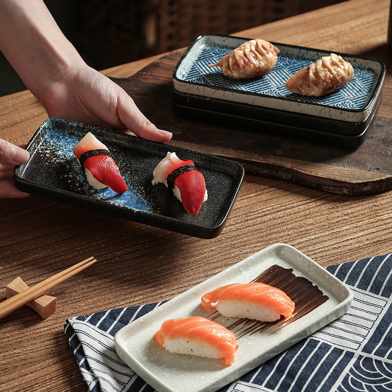 Japanese retro ceramic rectangular sushi plate - perfect for home use, desserts, pastries, creative flat plates, dim sum, and snacks