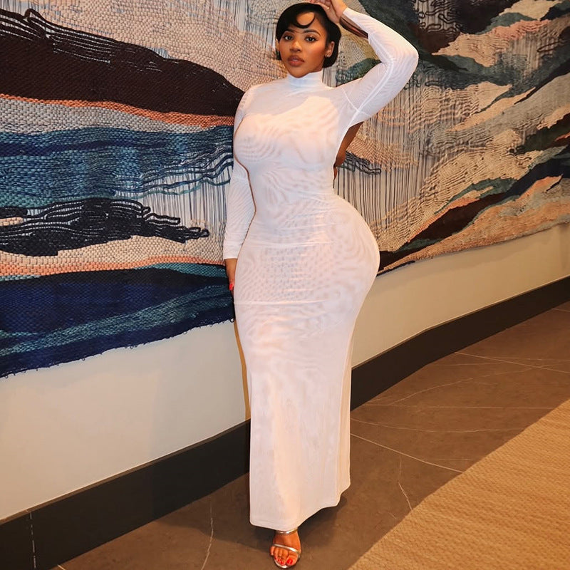 European and american style cross-border elegant slim-fit women's sexy backless bodycon dress with stand collar, long sleeves, solid color, and slimming long dress