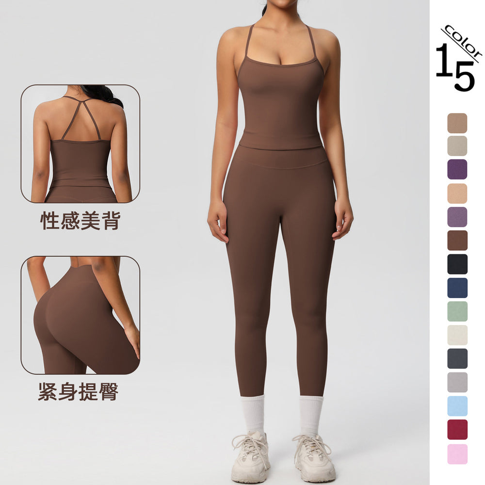 Ready-to-ship, solid color, nude-feel, double-sided brushed, racerback, form-fitting activewear yoga set – perfect for running and fitness. two-piece set