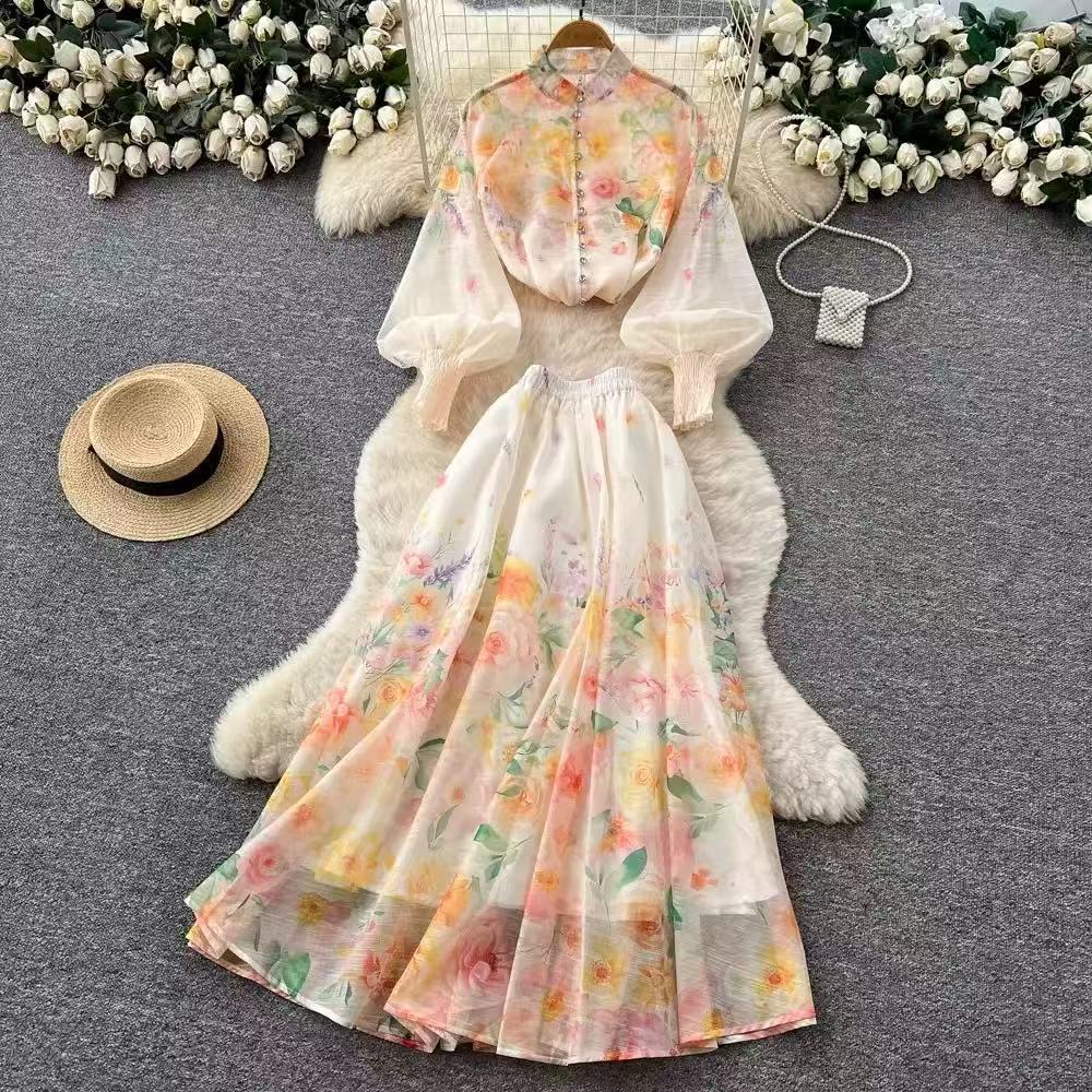 French romantic floral print lantern sleeve blouse and high-waisted midi skirt two-piece set - autumn chic, socialite style