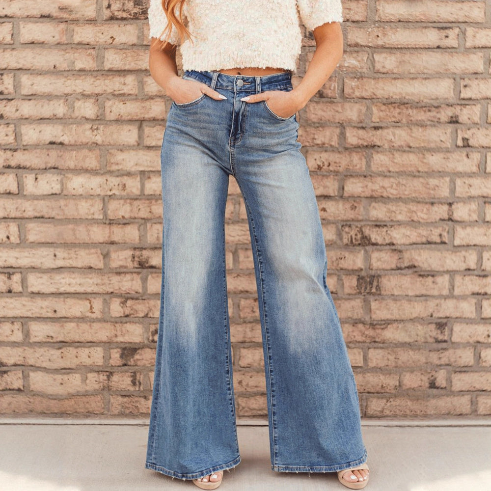European and american style mid-rise sky blue denim jeans for women - gradient wash, wide leg, casual, versatile, basic jeans