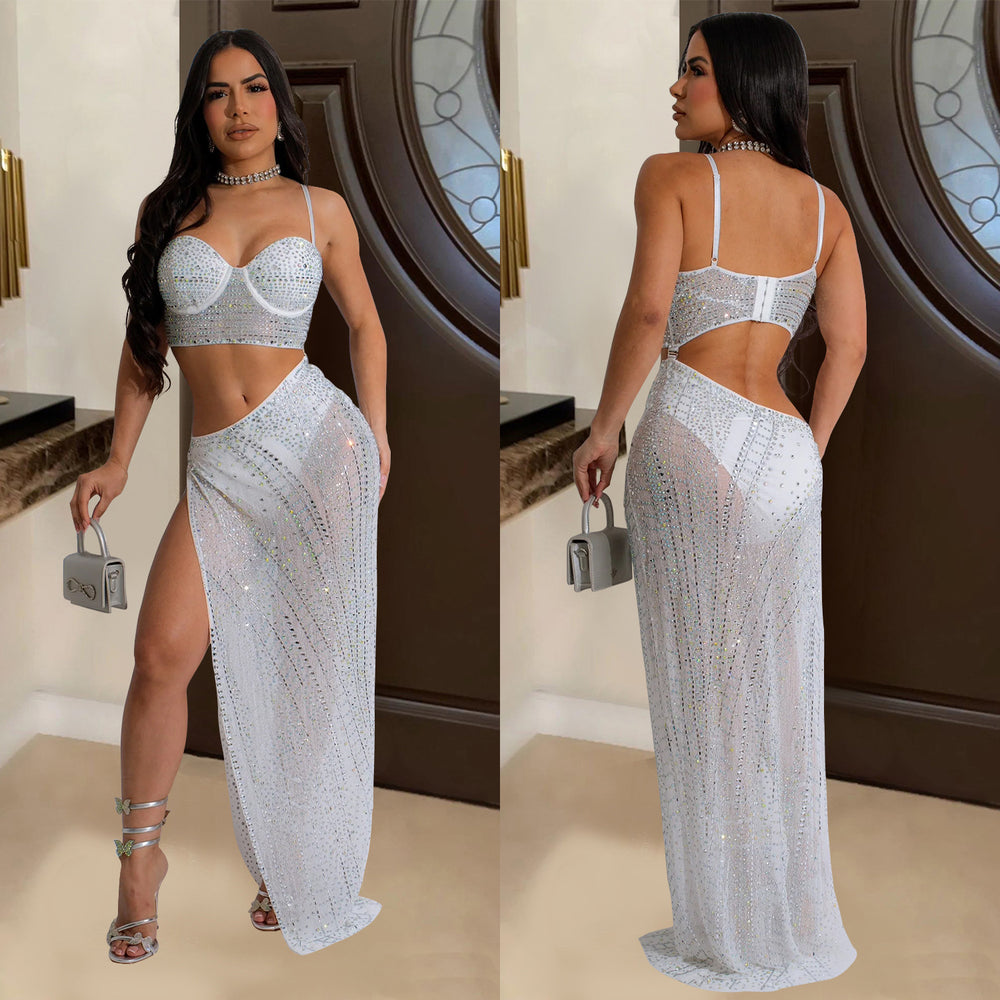 C6949 cross-border   independent station fashion fashion women's fashion hot diamond see-through dress length