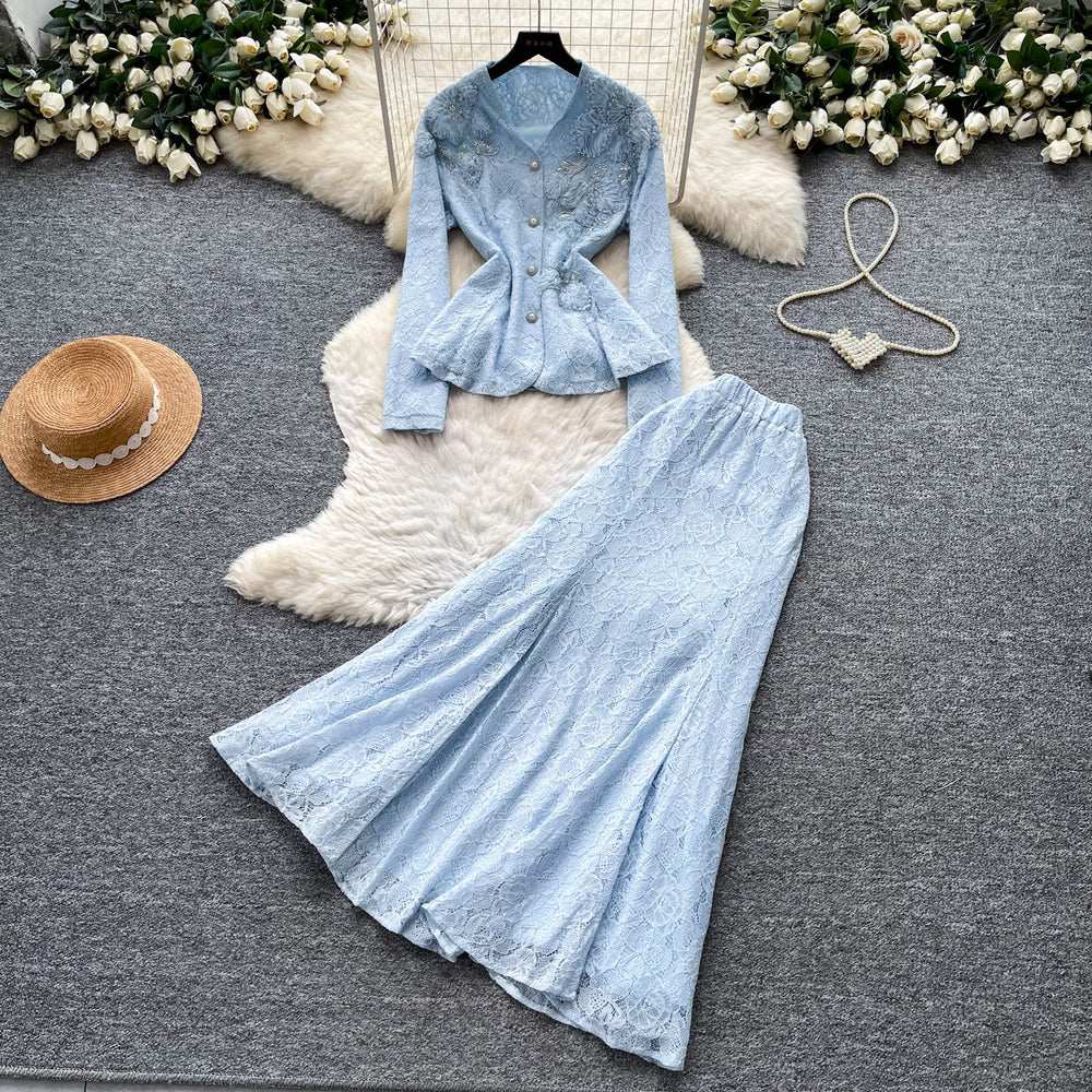 French chic v-neck embroidered beaded lace two-piece set - women's autumn commute slim-fit high-end elegant outfit