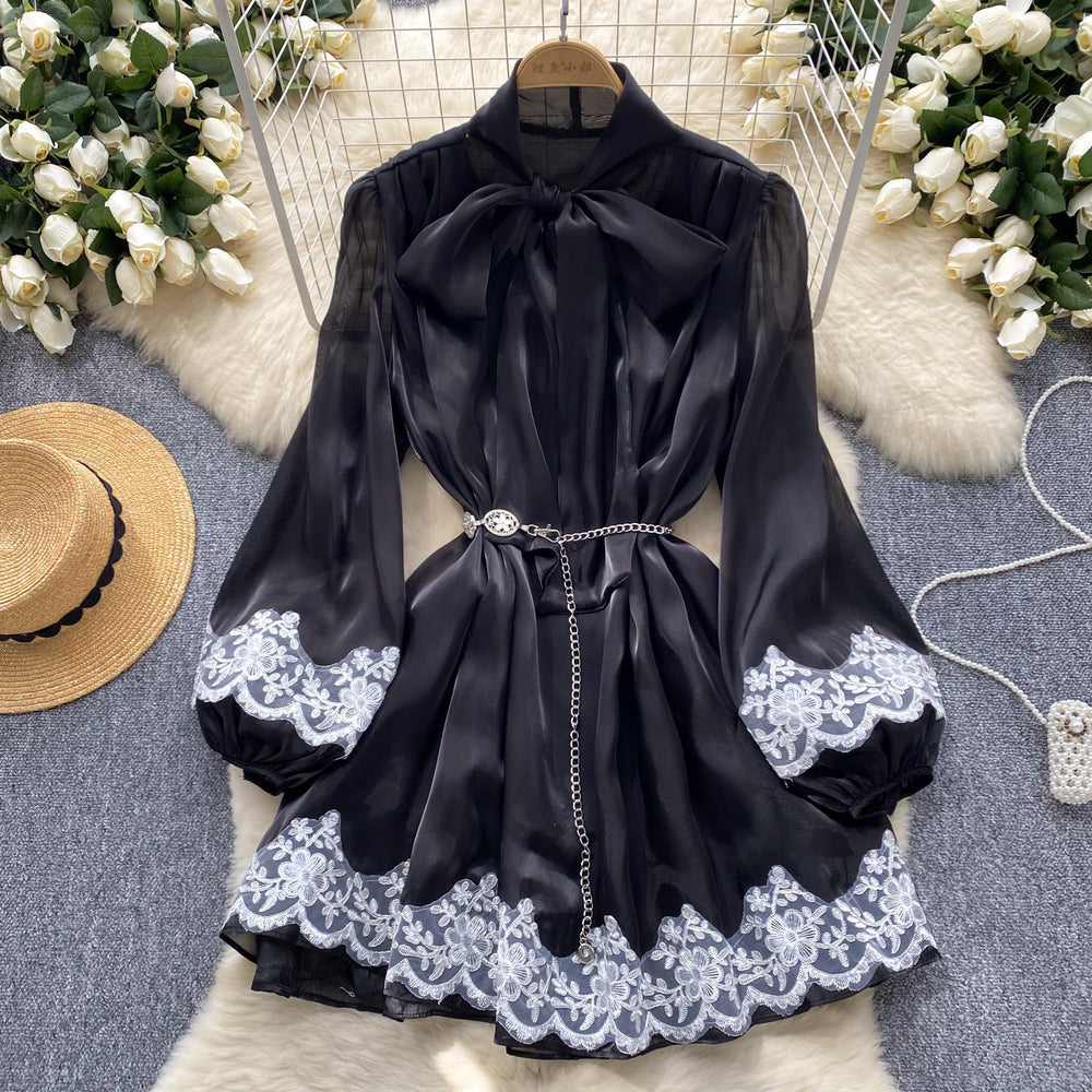 Spring european and american style women's dress - bow neckline, tie-up lantern sleeves, lace trim, shiny chiffon skirt, mini dress