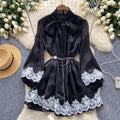 Spring european and american style women's dress - bow neckline, tie-up lantern sleeves, lace trim, shiny chiffon skirt, mini dress