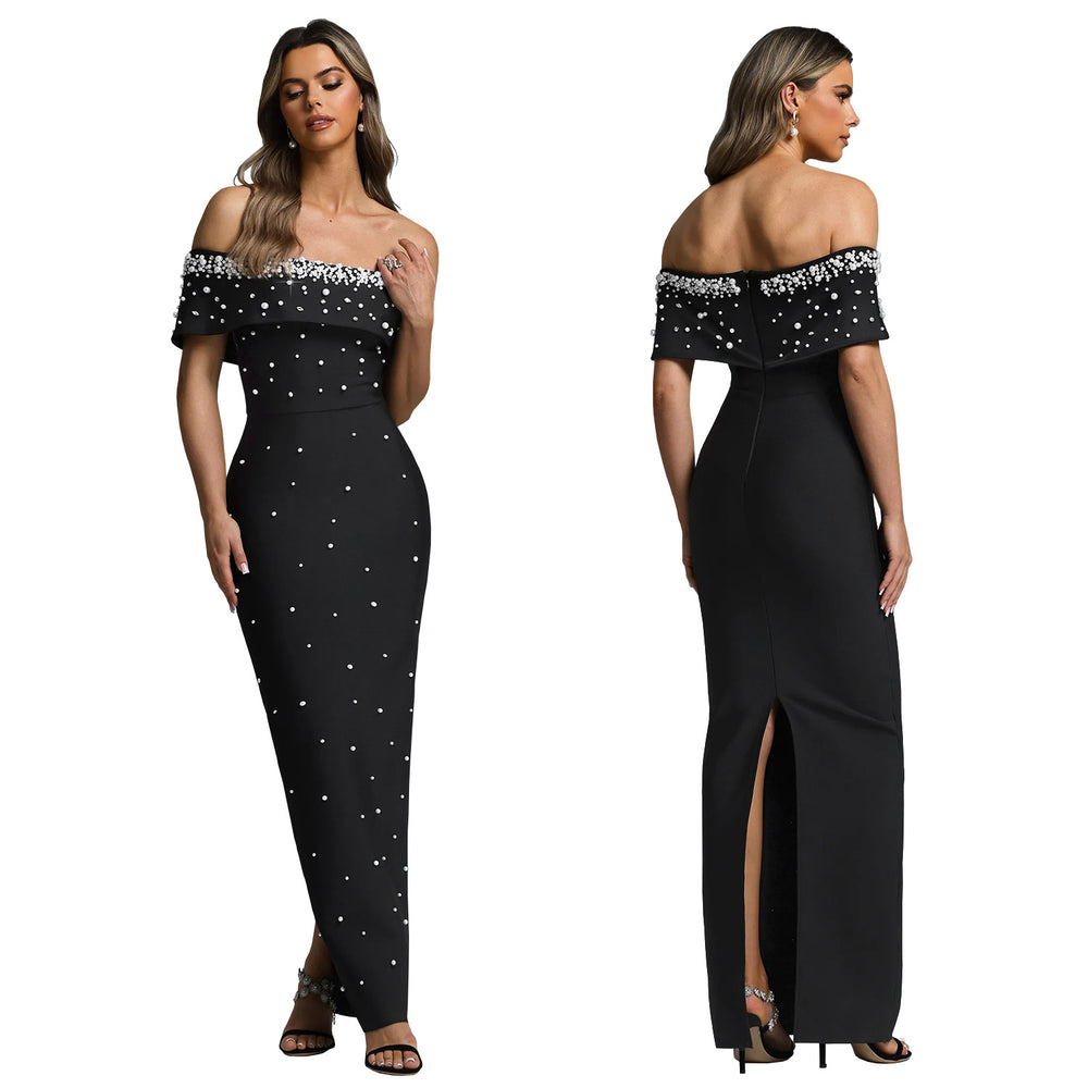 C7759 cross-border   fashion women's off-the-shoulder beaded evening gown party dress
