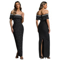 C7759 cross-border   fashion women's off-the-shoulder beaded evening gown party dress