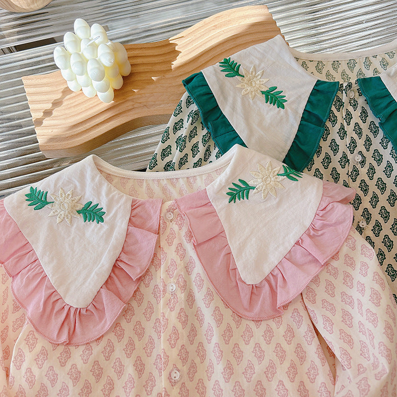 Girls' spring/autumn new long-sleeve blouse - stylish embroidered floral design, baby girl fashion, chic peter pan collar, pure cotton