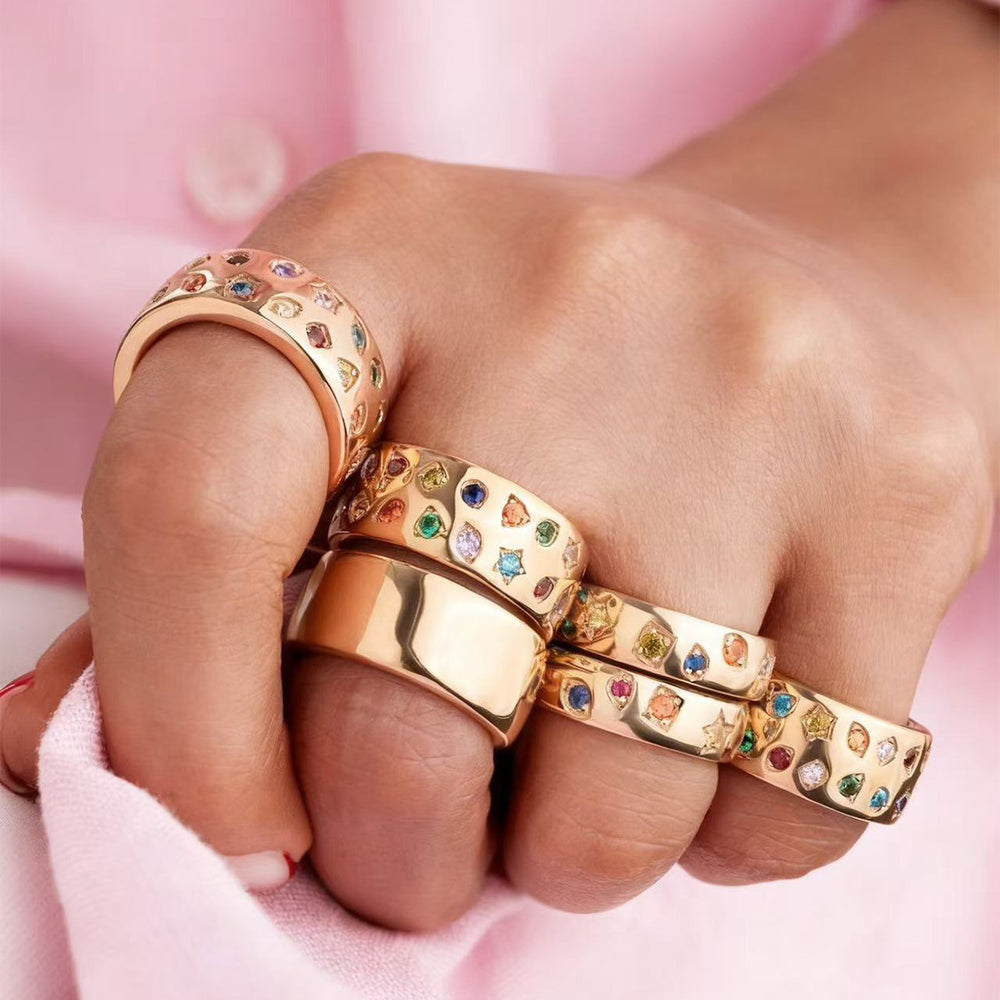 European and american cross-border retro dopamine colorful ring set - 6 piece set, unique and niche double row diamond-set alloy finger rings and jewelry