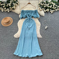 French one-shoulder ruffle tie-up dress - women's summer slimming a-line pleated maxi dress - vacation style