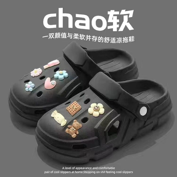 Women's clogs - summer cute cartoon outdoor fashion, new trendy anti-slip thick sole height increasing beach closed-toe half slippers