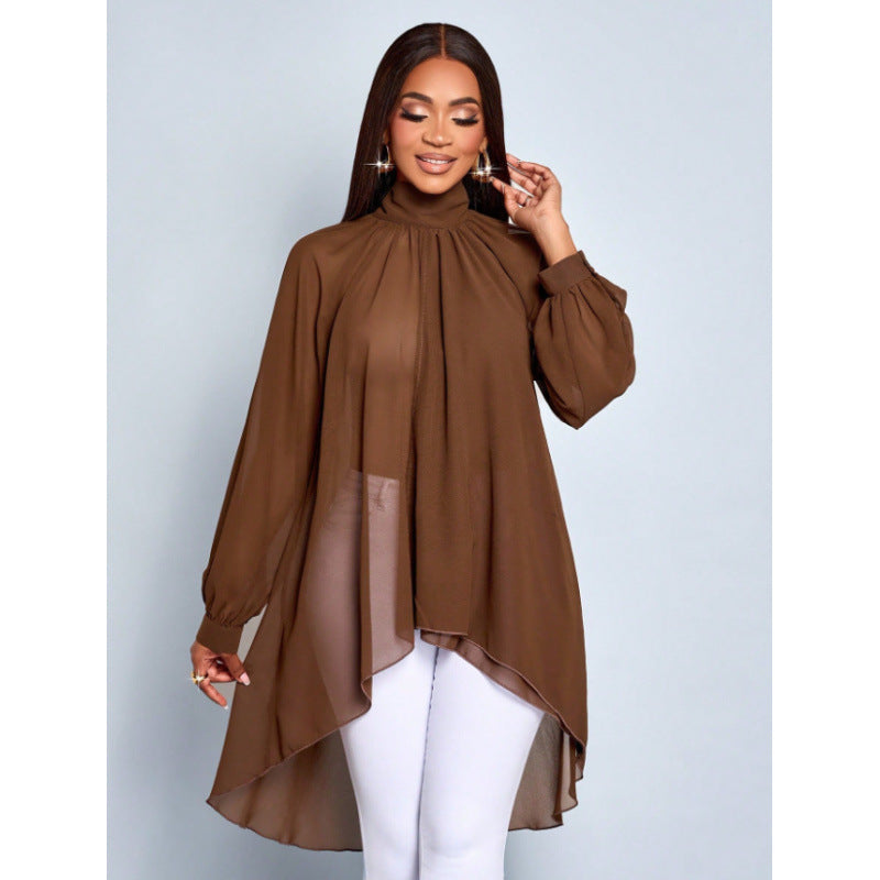 Shipped:  spring/summer new women's loose-fit versatile irregular chiffon long-sleeve fashion shirt