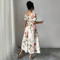 new european and american summer collection: french-style printed square neck bubble sleeve dress with cinched waist