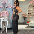 S390260 cross-border   women's sexy see-through rhinestone sleeveless dress women's nightclub evening dress