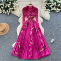 Miya european and american high-end western style suit collar long sleeves double-breasted waist patchworkruffles pleated longdress