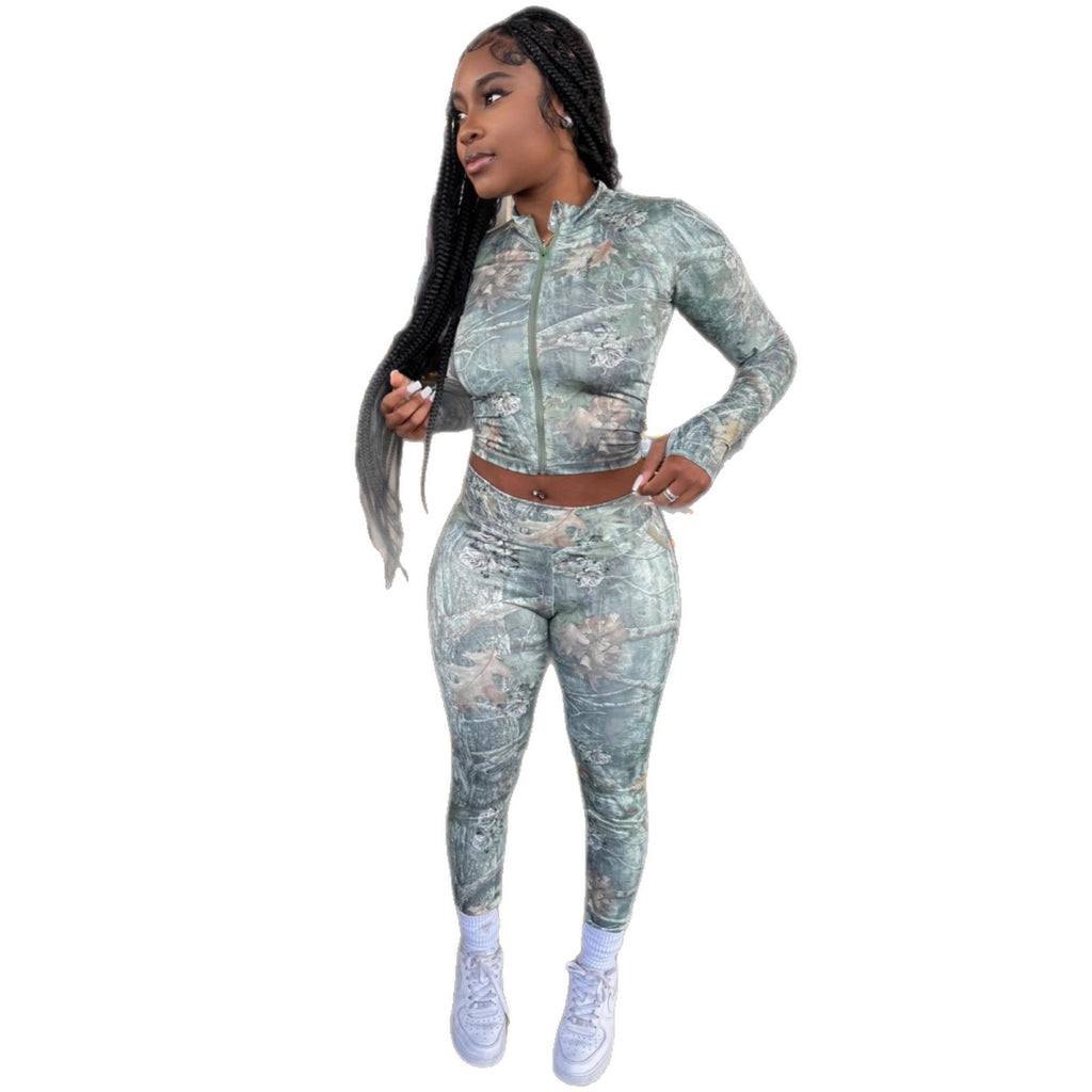 Cross-border European and American style 2025 new fashion printing slim-fitting long-sleeved open-button zipper cardigan trousers two-piece set