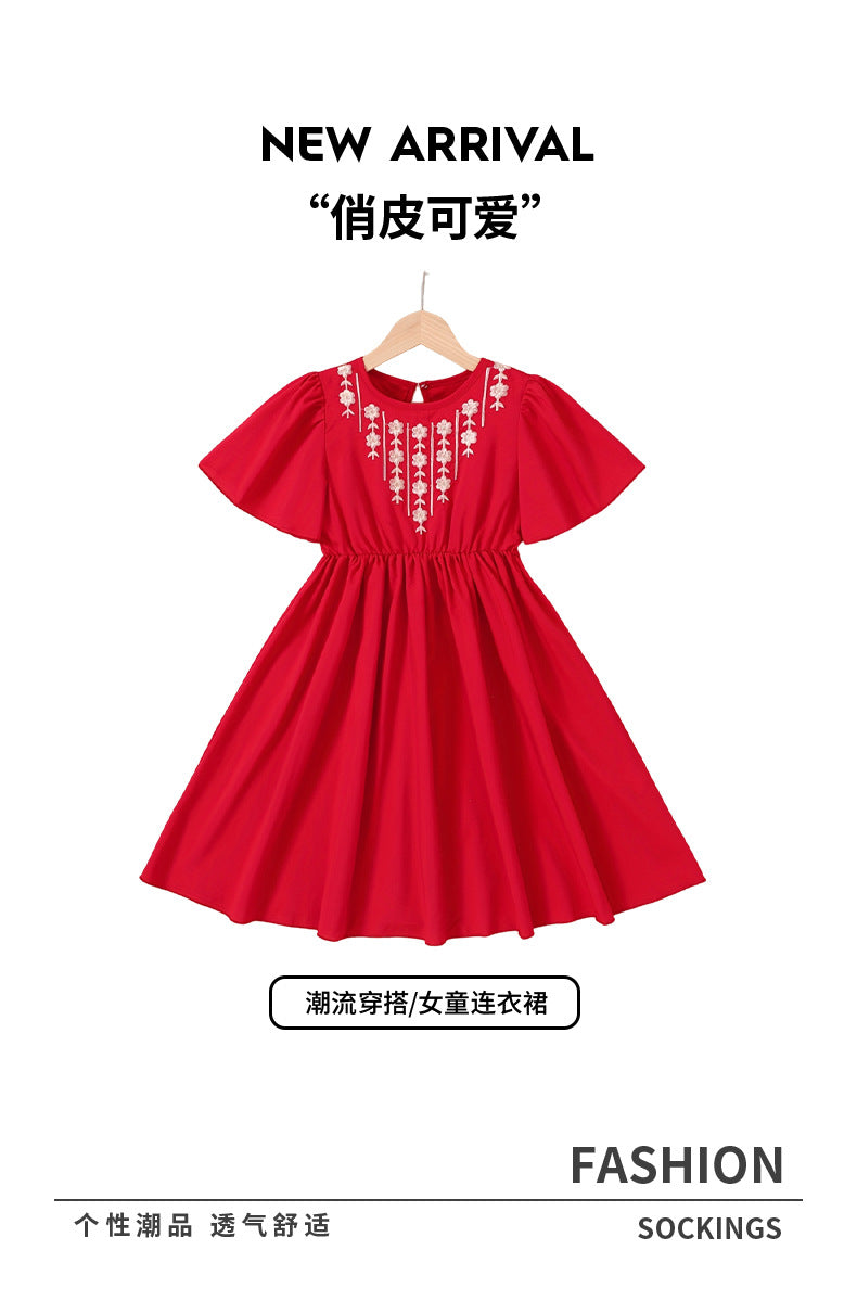 girls' dress - solid red embroidered & printed pleated skirt - summer sweet princess dress for mid-to-large children