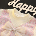 Girls' spring dress: sweet princess style with mesh, puff sleeves, round neck, bow detail, and chanel-inspired design