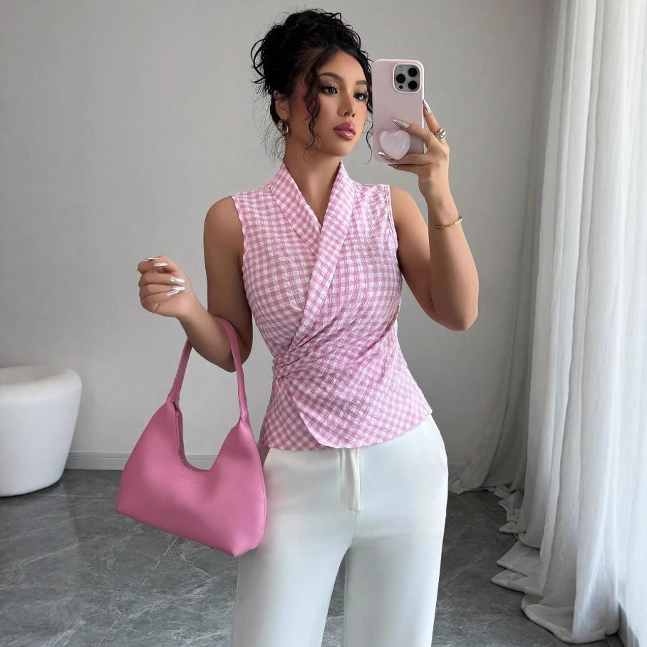 fashion  new arrivalfashionelegancestripesplaidv neck vest tops sleeveless shirt women's clothing