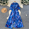 French retro court style niche fashion printed dress - women's tie-waist single-breasted lantern sleeve maxi dress