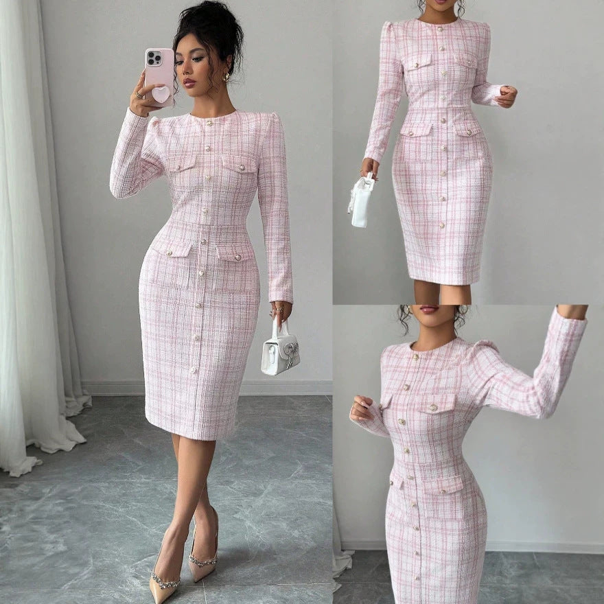new european and american cross-border e-commerce women's pink slim-fit elegant dress