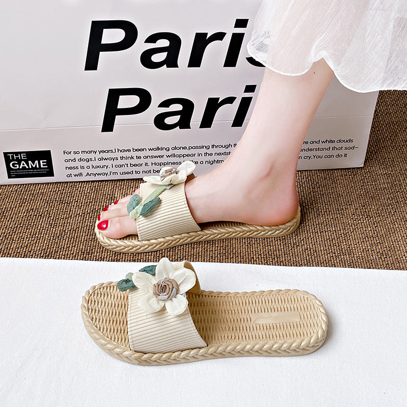 New summer fairy style color block floral slides - women's beach sandals, fashionable outdoor wear, flat, non-slip