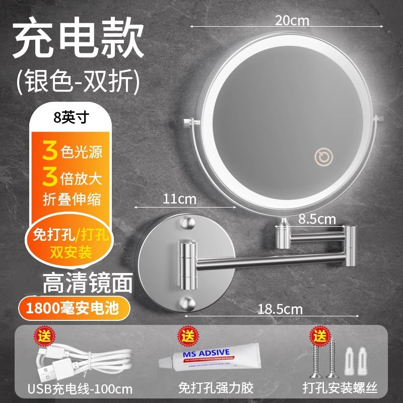 Toilet mirror folding non-punching hotel bathroom cosmetic mirror wall hanging telescopic double-sided LED beauty mirror with lamp