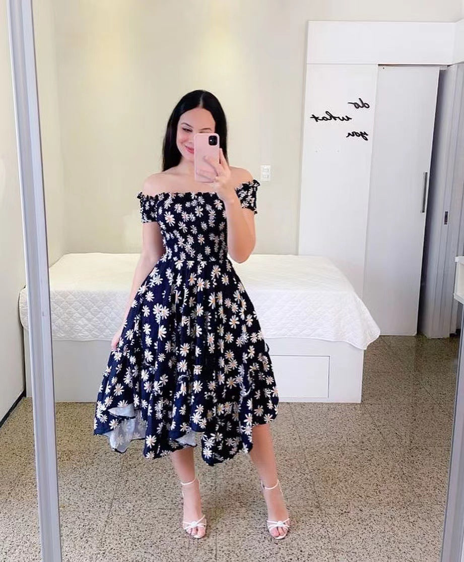 fashion cross-border   one-shoulder asymmetrical off-shoulder short-sleeve digital print dress