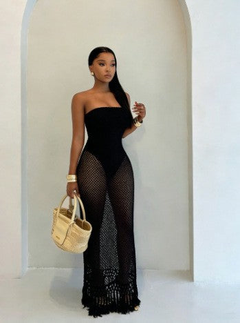 Summer new  resort style women's bandeau cutout sexy knit unique two-piece dress set