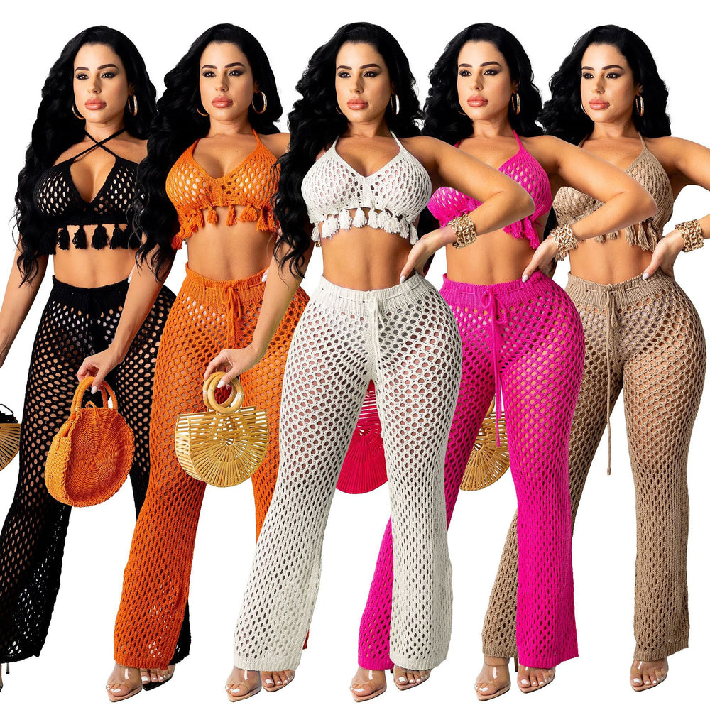 e-commerce  hot-selling european and american sexy women's clothing sexy knitted mesh cut out wool two-piece suit