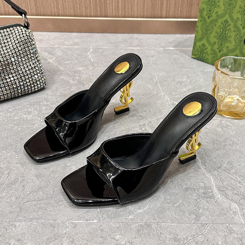 fashion square toe high heel one-line slippers women's outwear 2026 summer new french retro mule sandals