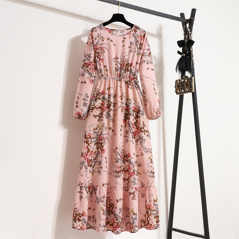 Shopee tk floral dress women's french round neck waist long light mature classysense slimming look cross-border early spring style