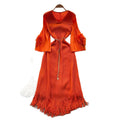 European fashion dress women's  new arrival: high-end tie-waist, collared, floral sleeve, pleated, tassel hem maxi dress