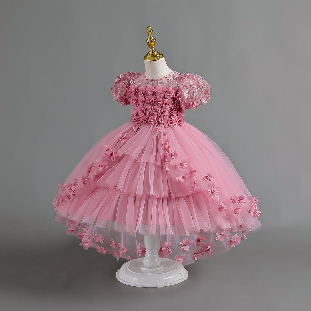 New arrival: lace petal children's formal dress - princess wedding gown with train for little girls