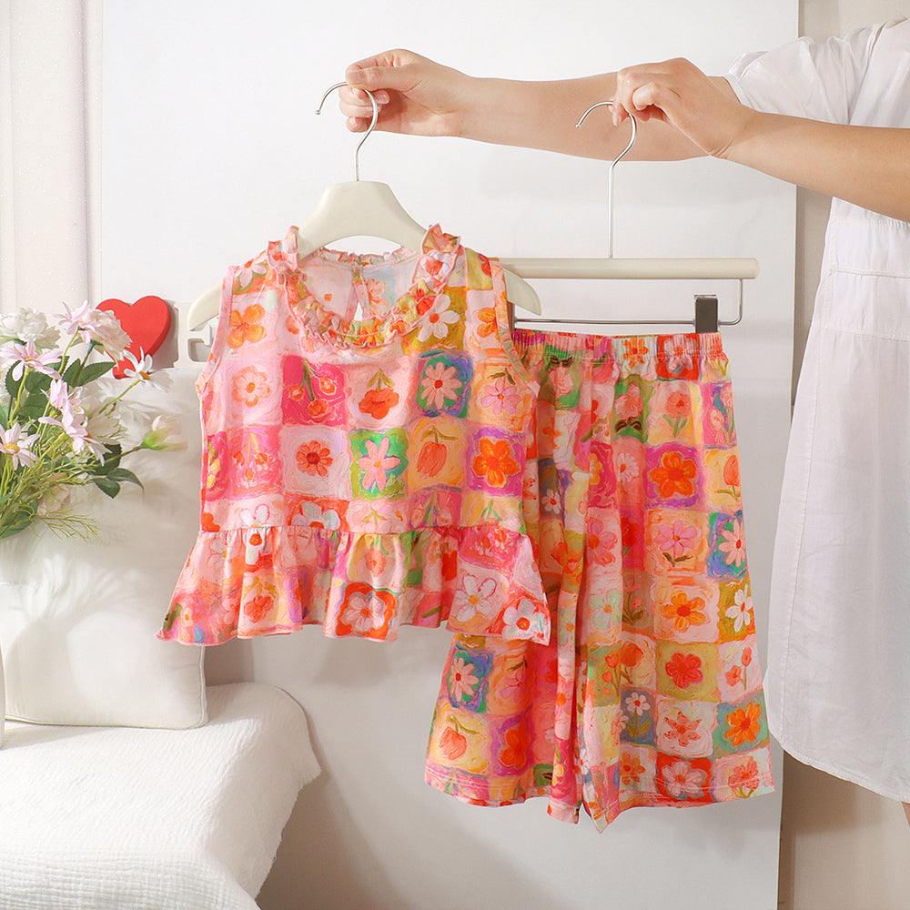 Kids' lace-trimmed skirt and pants set pajamas - new summer styles for lounging and strolling - girls' sleeveless outfit - cross-border e-commerce