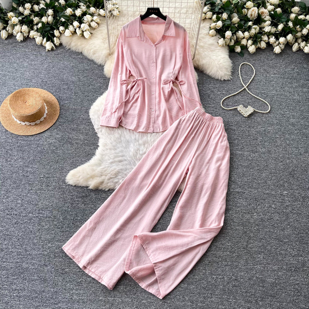 Lazy style pink shirt loose pantstwo-piece set female spring autum light mature waist tie backfashionableelegantsuit